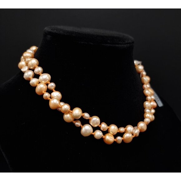 CGI Freshwater Pearl Long Necklace Hand-Knotted Natural Iridescent Peach - Picture 3 of 6